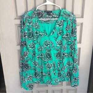 INC pull over crêpe, long sleeves, V-neck, elastic waist, SzXL Teal Floral